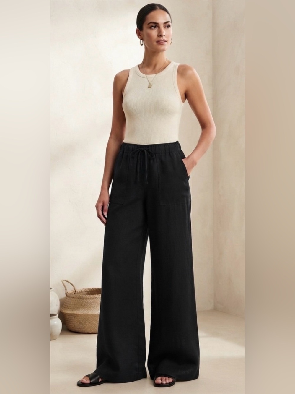 Gap Black Linen Blend Wide Leg Drawstring Pants | Size Medium M